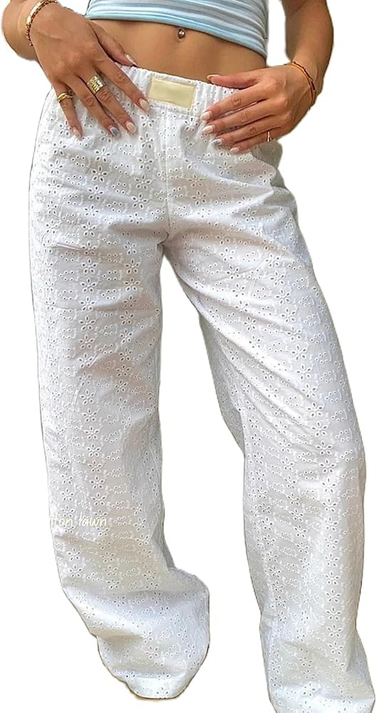 Women Y2K Eyelet Embroidery Wide Leg Pants Elastic High Waisted Palazzo Lounge Pants Causal Loose... | Amazon (US)