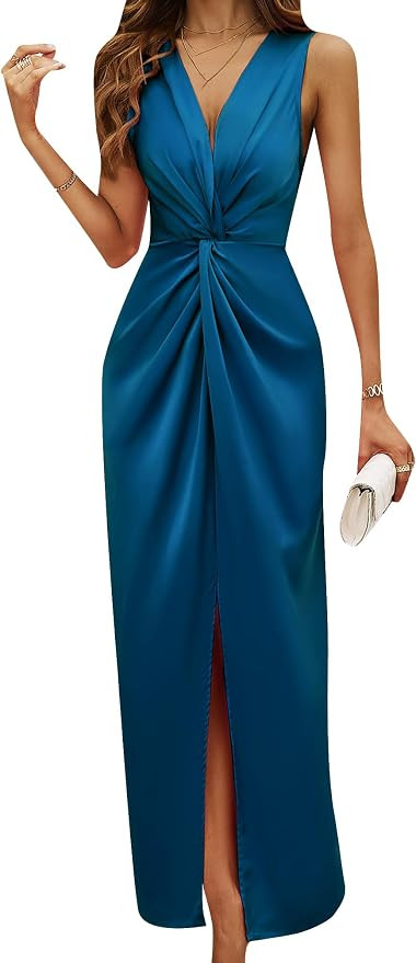 OMZIN Womens Sleeveless Satin Dresses Sexy Cocktail Party Long Dress A Line Solid Color Dresses | Amazon (US)