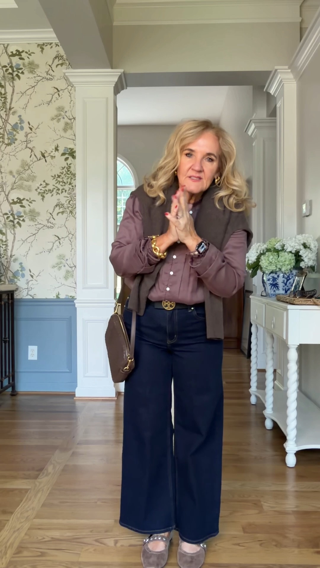 These are the wide leg jeans. I’m wearing a size 29. I do think that this wash and silhouette runs a little small. So size up if in between.
Sweater and shirt size medium

#LTKootd #LTKOver40 #LTKWorkwear