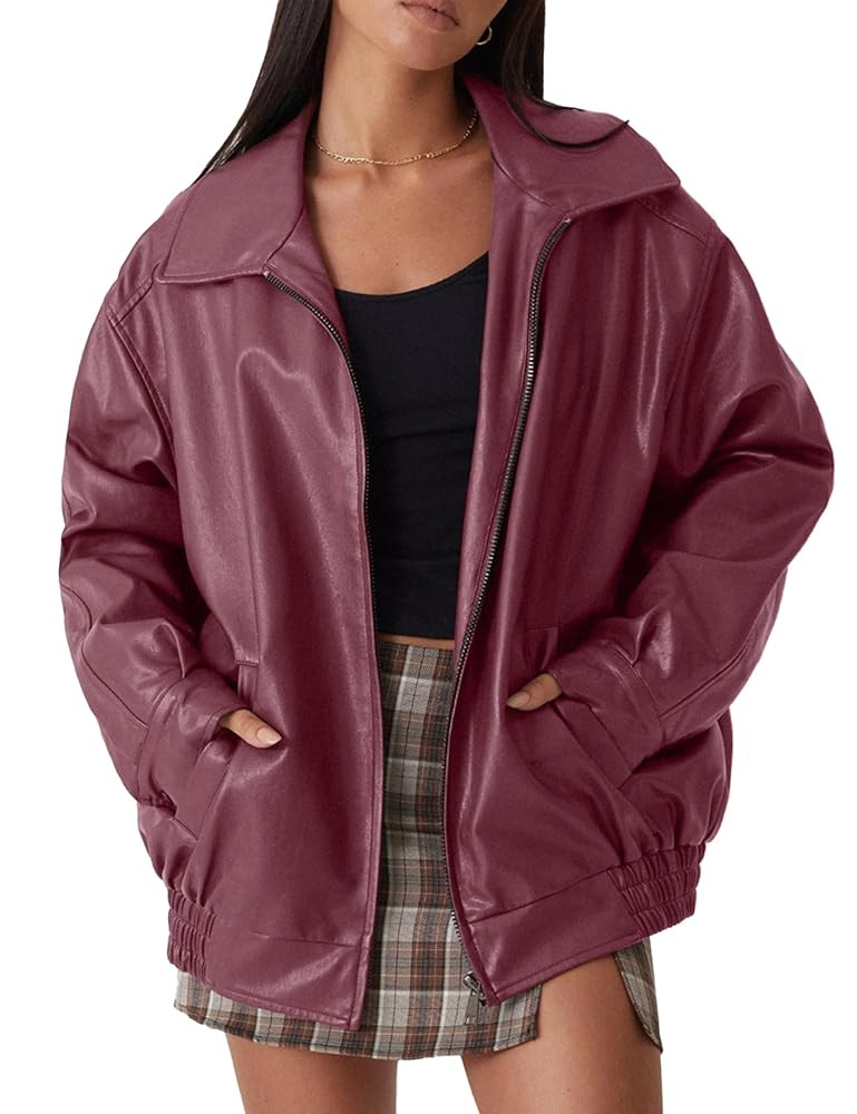 Womens Oversized Faux Leather Motocycle Jacket Zip Up Outwear Coat with Pockets | Amazon (US)