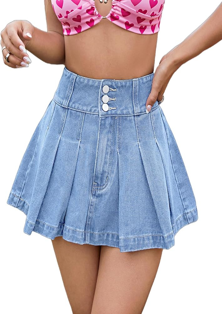 Verdusa Women's Denim Skirt Button Up High Waist A Line Mini Pleated Jean Skirt | Amazon (US)