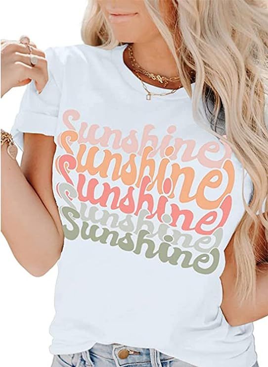 Womens Cute Sunshine Graphic Tees Summer Casual Loose Tops Funny Letters Print T Shirts Short Sle... | Amazon (US)