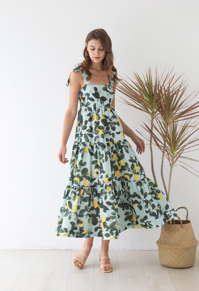 Minty Lemon Printed Tie-Strap Maxi Dress | Chicwish