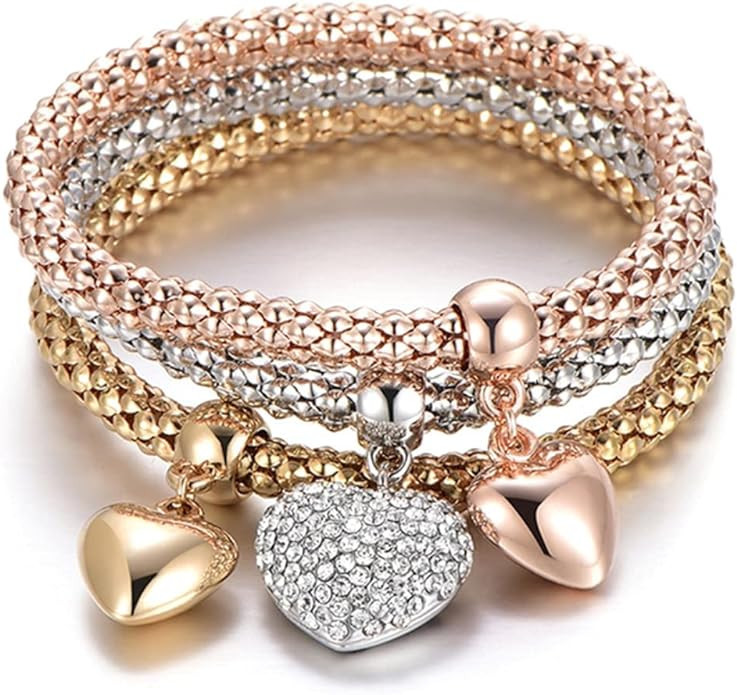 SILANER Crystal Charms Multilayer Bracelets - 3PCS Gold/Silver/Rose Gold Corn Chain Bracelet for ... | Amazon (US)