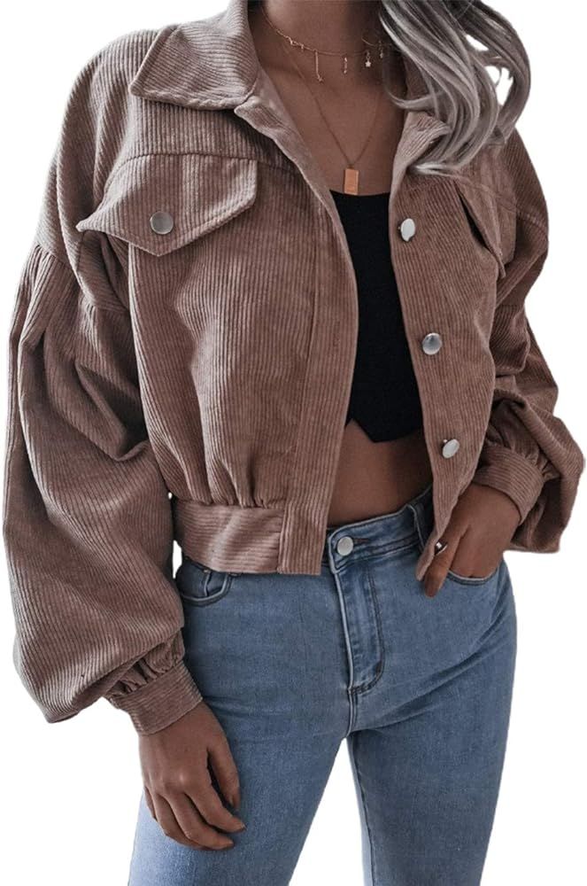 CHARTOU Women's Corduroy Lapel Collar Lantern Sleeve Button Down Crop Jacket Tops | Amazon (US)