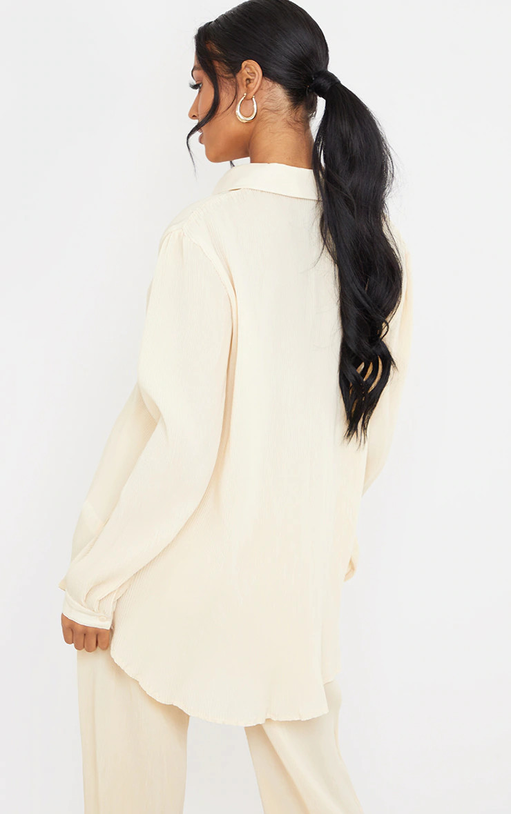 Tall  Cream Plisse Oversized Cuff Detail Shirt | PrettyLittleThing UK