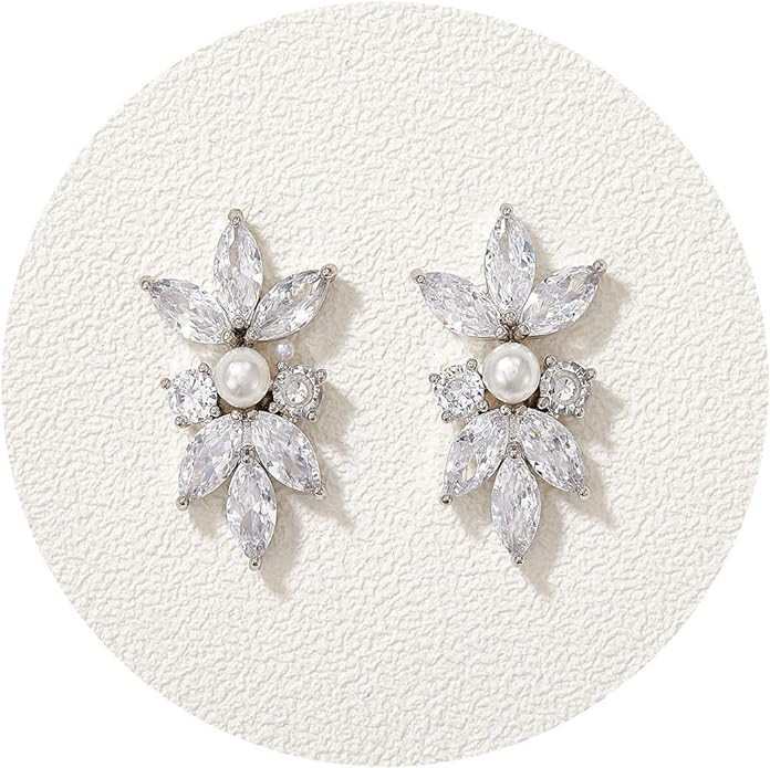 SWEETV Marquise Cubic Zirconia Wedding Bridal Stud Earrings for Brides Bridesmaids, Crystal Pearl... | Amazon (US)