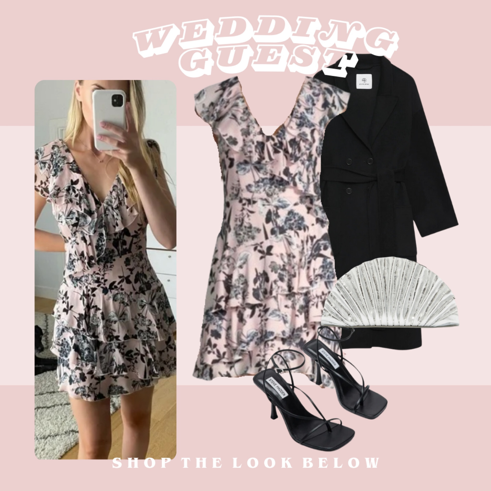 Wedding guest style! If weather is chilly, opt for a mini and style with an oversized coat and dark heels. Wedding guest dress, wedding fashion, floral dress, black strappy heels, black coat 

#LTKitbag #LTKfindsunder100 #LTKwedding