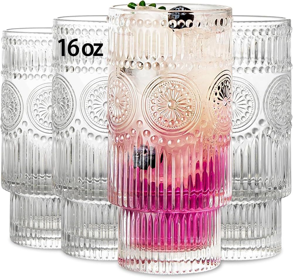 4 Pack Large 16oz Ribbed Glassware Set, Flower Design Stackable Glass Cups, Vintage Textured Clea... | Amazon (US)
