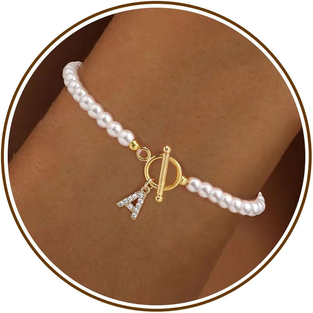 Initial Bracelets for Women Stocking Stuffers for Her Pearl Bracelet Best friend Birthday Gifts f... | Amazon (US)