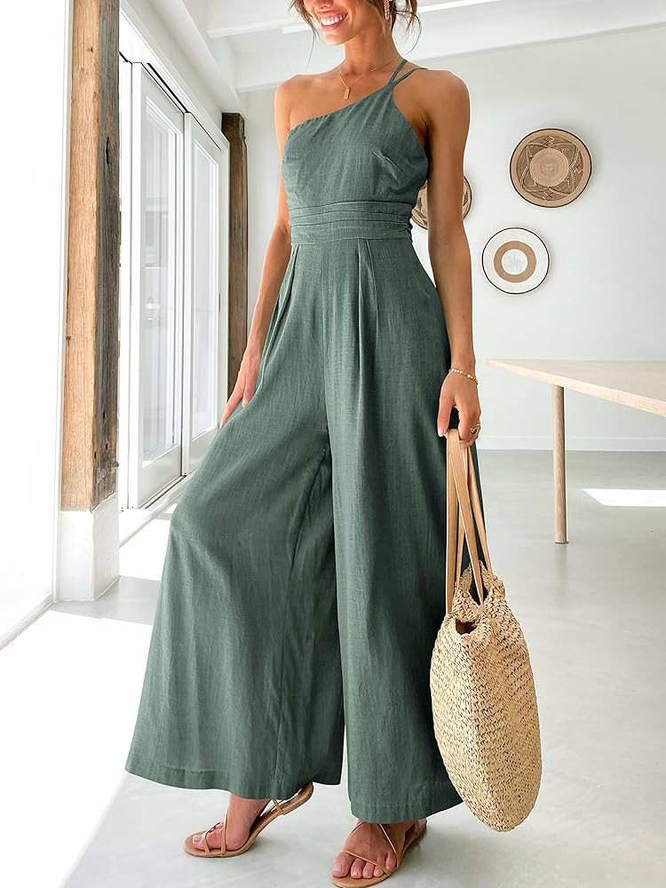 ANRABESS Women's Summer Straps One Shoulder Pleated High Waist Casual Wide Leg Jumpsuit Romper with  | Amazon (US)