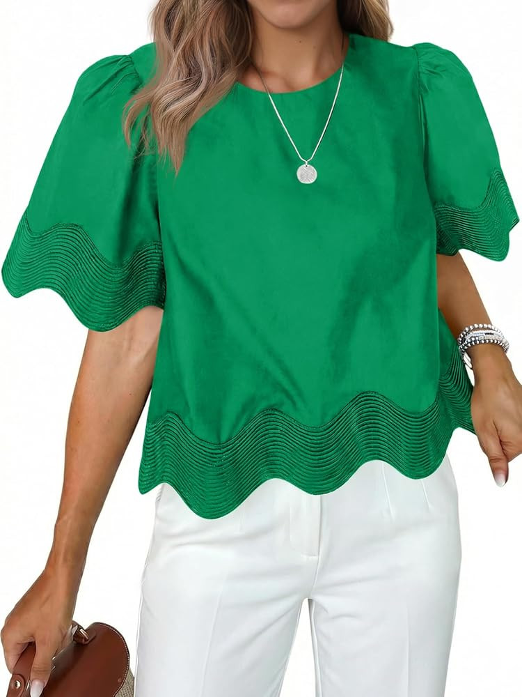 Tankaneo Womens Short Sleeve Crop Tops Summer Casual Scalloped Flowy Blouse Crewneck Ruffle Loose... | Amazon (US)