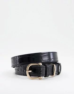 My Accessories London waist and hip skinny belt in black croc | ASOS (Global)