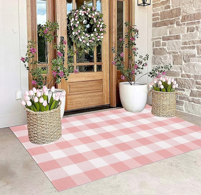 Pink and White Buffalo Plaid Rug 3'x5'Checkered Outdoor Rug Farmhouse Front Porch Rug Machine Was... | Amazon (US)