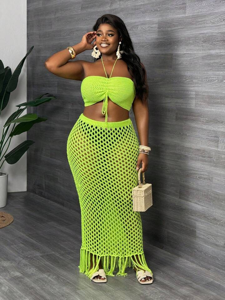 Slaydiva 2025 New Style Plus Size Women Rave/Easter/Old Money/Country Concert/Going Out/Fairycore/Festival/Tropical Vacation Outfit, Green Crop Top With Fringed Skirt, 2 Pieces Set | SHEIN