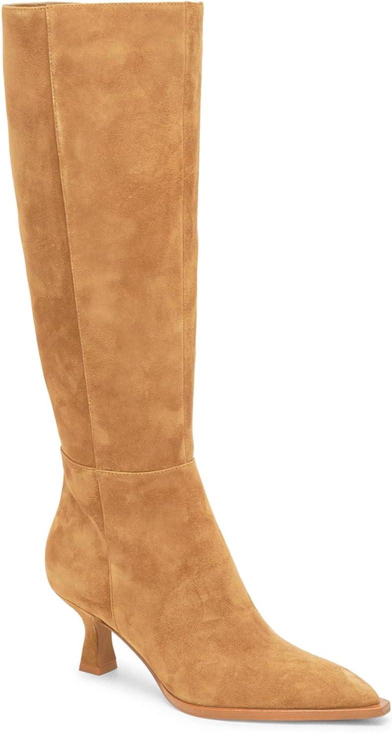 Coutgo Womens Knee High Boots Kitten Low Heel Pointed Toe Tall Boots Side Zipper Winter Dress Shoes | Amazon (US)