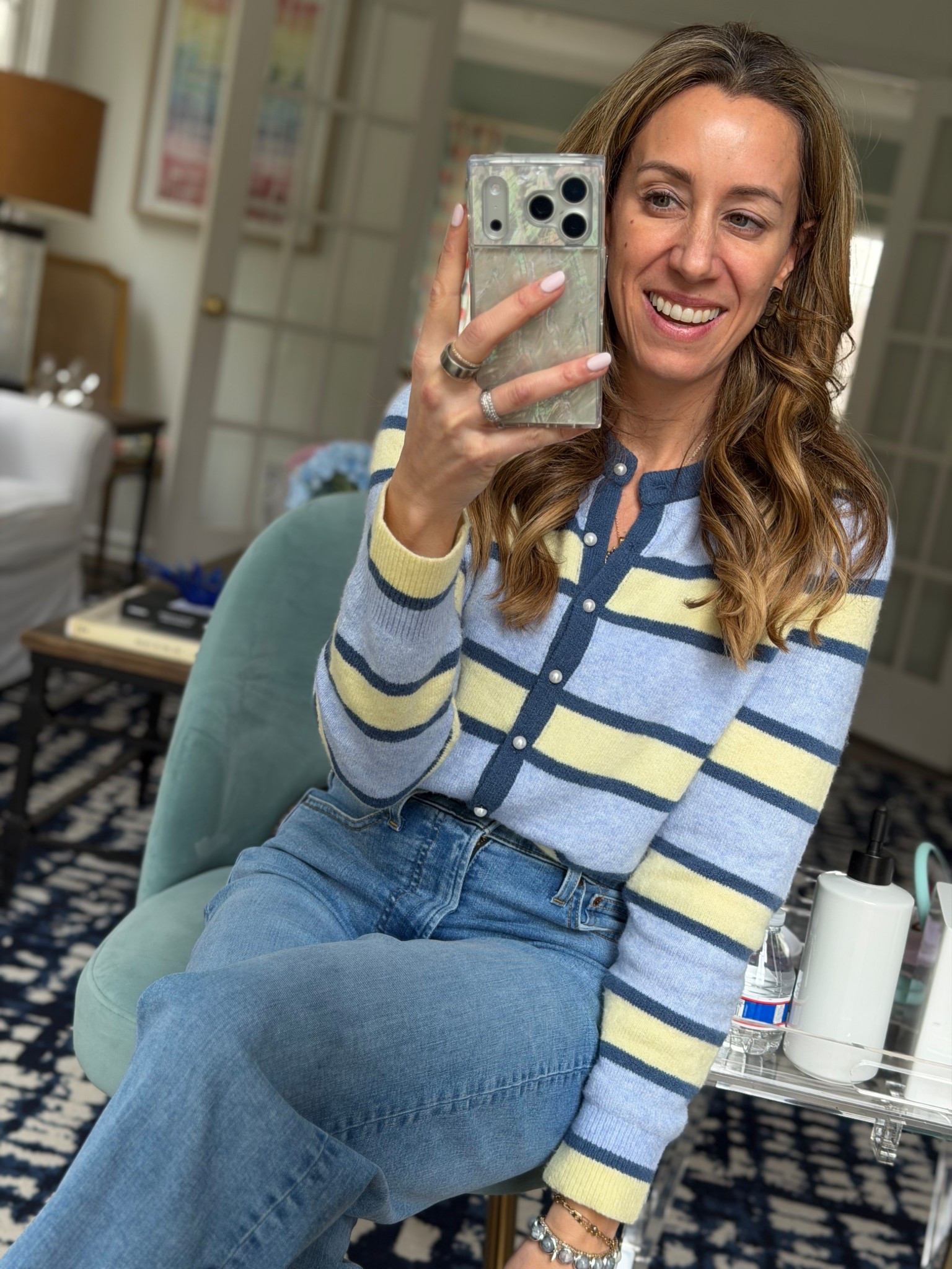 Blue and yellow sweater with pearl details.
Best jeans for spring



#LTKSpringSale #LTKSaleAlert