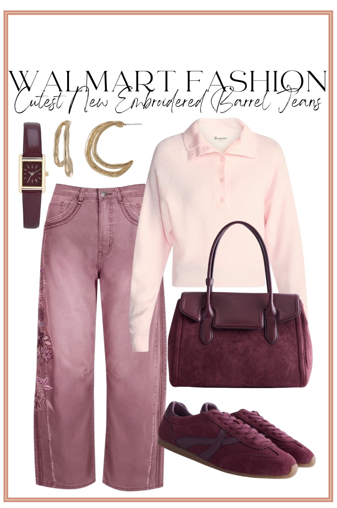 These NEW Walmart embroidered barrel jeans!! 😍🌸 The floral embroidery and dusty berry color make them such a fun statement piece, and I love them paired with this soft pink collared sweater and coordinating burgundy accessories. The sneakers keep it casual while still looking so put together! Walmart continues to absolutely nail the cutest affordable fashion trends this season.

#walmartfashion #walmartfinds #walmartstyle #walmartnewarrivals #walmartoutfit #barreljeans #embroideredjeans #fallfashion #falloutfit #affordablefashion #affordablestyle #womensfashion #casualoutfit #sneakeroutfit #outfitinspo

#LTKxWalmart #LTKPetite #LTKootd
