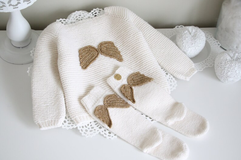 Set of 2  - Angel set - Cardigan and socks with angel wings - Gold angel wings - Baby girl angel ... | Etsy (US)