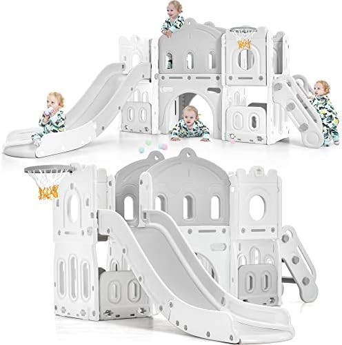 Amazon.com: Merax 6-in-1 Kids Slide with Climber, Basketball Hoop, Tunnel and Storage Space, Outd... | Amazon (US)