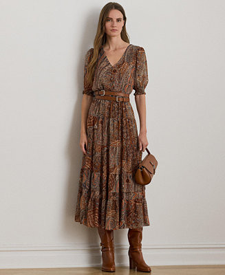 Lauren Ralph Lauren Women's Crinkle 58-Jeho Puffed Sleeve Georgette Dress - Macy's | Macy's