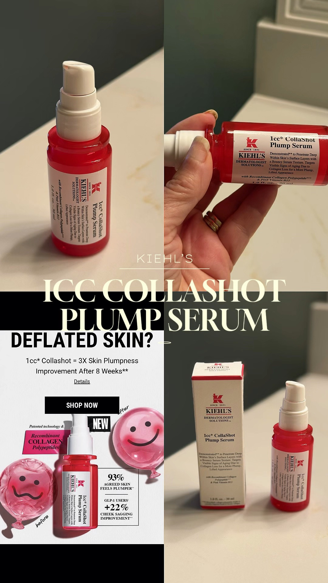 I admit it, I am a skincare addict. 
When Kiehl’s asked me to try their new product Icc CollaShot Plump Serum, I was thrilled!  I have been using it for 10 days and I love it! It goes on smooth and silky. I immediately saw some of my fine lines soften! (It takes about 8 weeks to see long-term results!). 

Because I am 66 years old and have dry skin, I have been pairing it with two of their other products I have used for years, Ultra Facial Cream and their hyaluronic acid product Power Strength Line Reducing Concentrate. Icc CollaShot Plump Serum is a must for anyone wanting to reduce their fine lines and wrinkles using a topical collagen product!

#LTKOver40 #LTKselfcare #LTKBeauty
