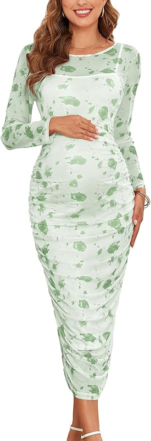 Mesh Maternity Dress Ruched Side Round Neck Pregnancy Dresses Baby Shower Wedding Guest Cocktail ... | Amazon (US)