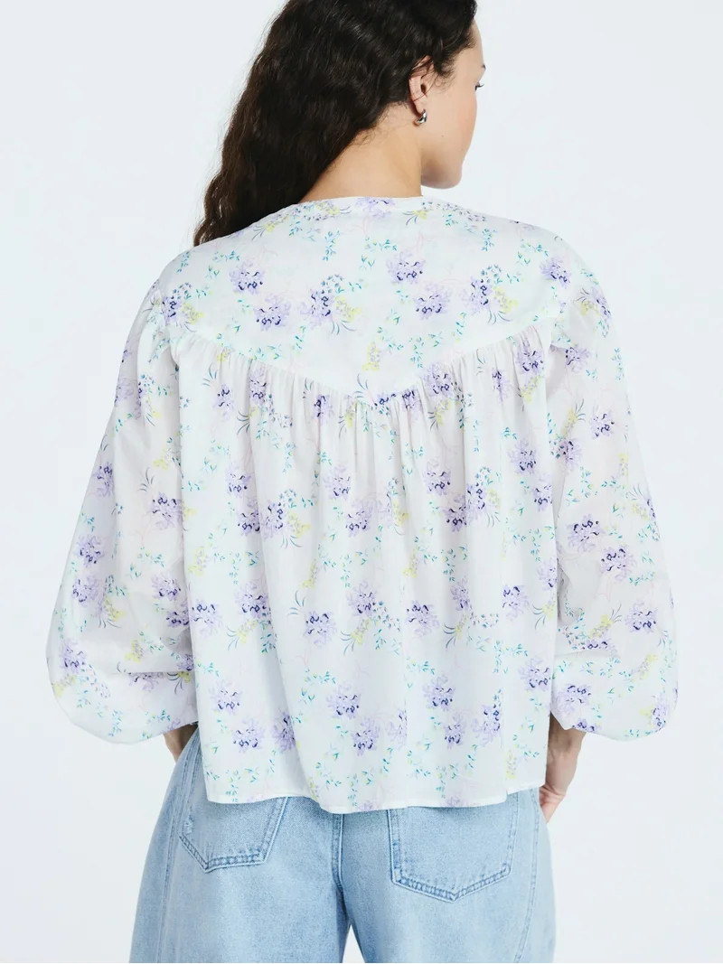 Scoop Women's Flowy Cotton Blouse with Long Sleeves, Sizes XS-XXL | Walmart (US)