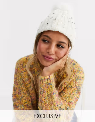 Stitch & Pieces Exclusive winter white pom beanie hat with faux pearl | ASOS UK