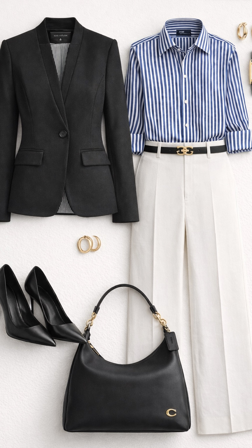 Boss Mode Activated 💼✨

Blue stripes + black blazer + white pants = timeless power dressing!

The outfit:
Black blazer + striped shirt + white trousers + Sam Edelman belt + black pumps

Why it works:
Classic color combo that commands attention. Striped shirt adds personality to formal wear. Wide-leg white pants are fresh and modern. That Sam Edelman belt? Ultimate power move!

Pro tip: Invest in a perfectly tailored black blazer - it’s the foundation of every professional wardrobe!

Perfect for work, meetings, presentations, interviews, or any time you need to show up and own the room!

#LTK #LTKstyletip #LTKworkwear #LTKfindsunder200 #PowerDressing #WorkwearStyle #BlackBlazer #StripedShirt #ProfessionalStyle #OOTD

#LTKSaleAlert #LTKPlusSize #LTKdayinmylife