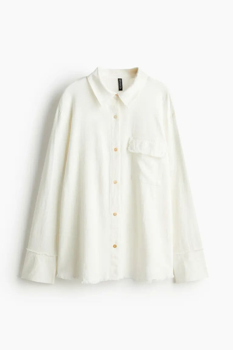 Linen-blend shirt - Long sleeve - Regular length - Cream - Ladies | H&M GB | H&M (UK, MY, IN, SG, PH, TW, HK)