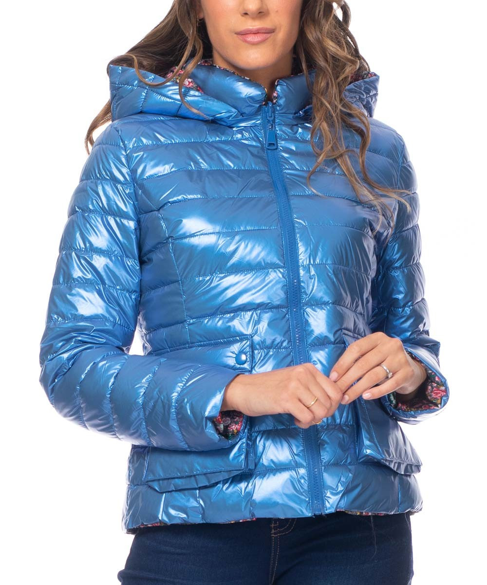 Tantra Women's Puffer Coats Blue - Blue Metallic Floral Reversible Hooded Puffer Jacket - Women | Zulily