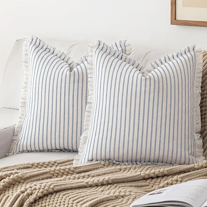 Throw Pillow Covers 18x18 Set of 2 Striped Fringe Pillow Cover Farmhouse Cushion Covers with Tass... | Amazon (US)