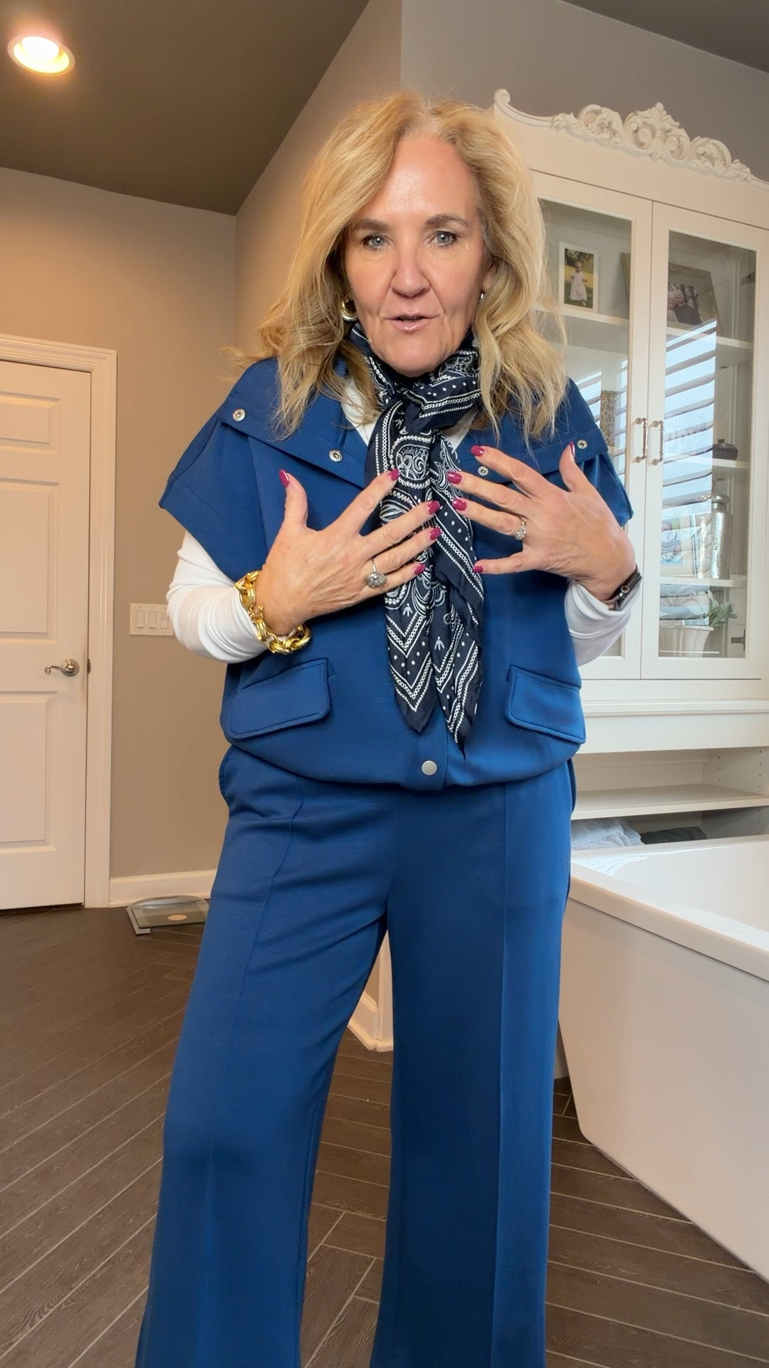 Size medium in these Walmart styles 
The blue is limited! 
I’ll link some good scarf options  

Walmart scuba knit 

#LTKOver40 #LTKTravel #LTKPetite