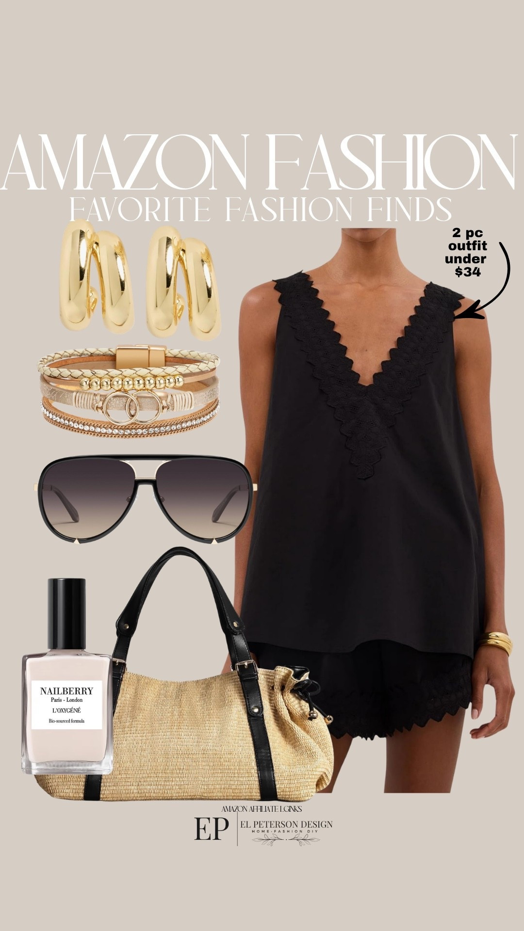 Amazon
2 pc outfit
Earrings
Bracelet 
Sunglasses
Nail polish
Purse