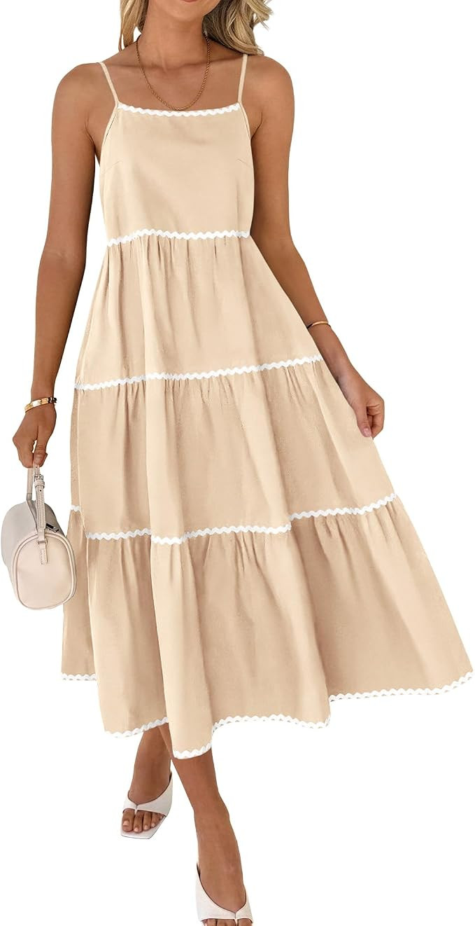 BTFBM Boho Summer Dresses 2024 Vacation Spaghetti Strap Backless RIC Rac Trim Tiered A-Line Long ... | Amazon (US)