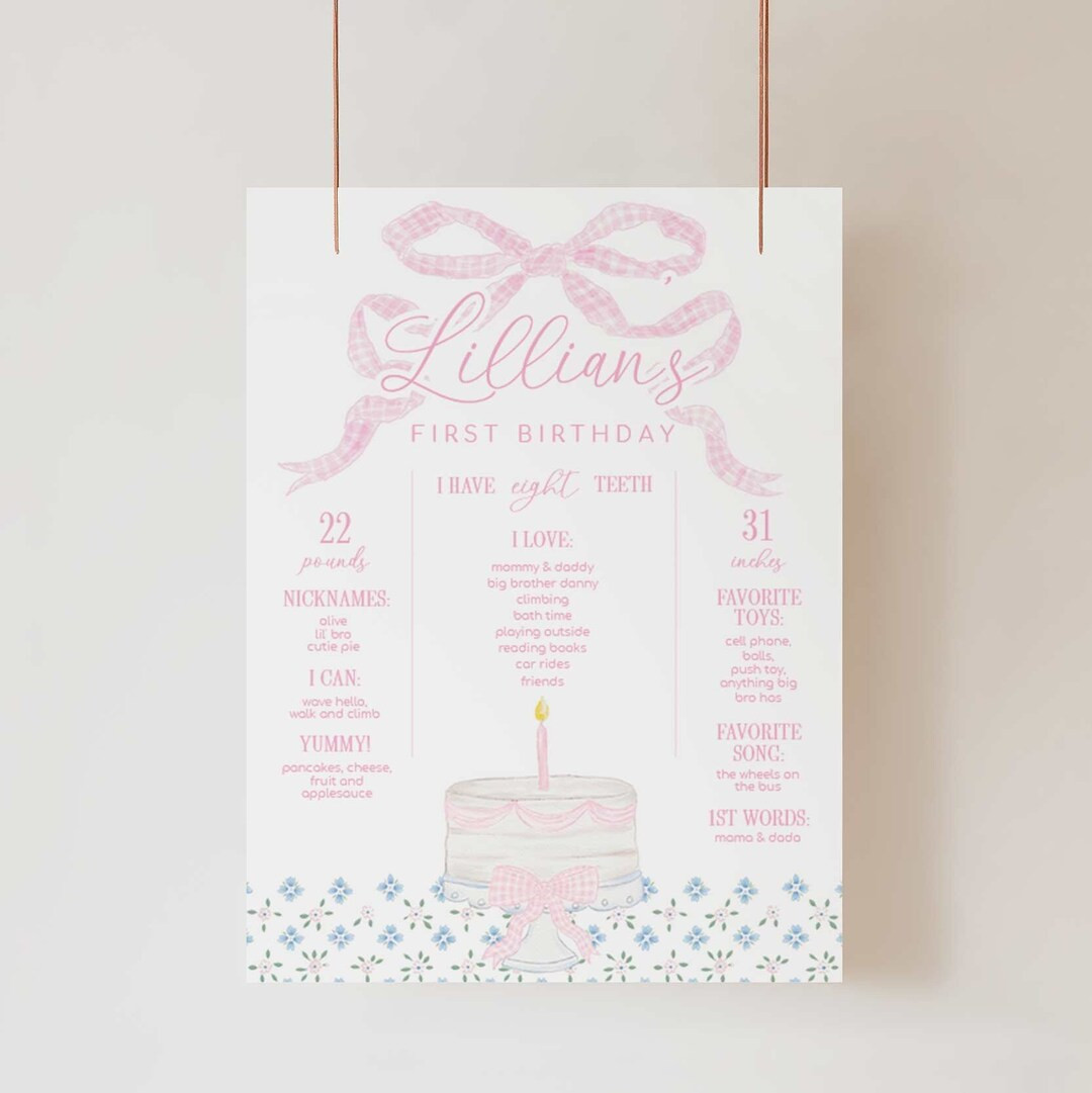 Pink Bow With Gingham Cake Birthday Party Milestone Sign, Editable Floral Birthday Party Mileston... | Etsy (US)