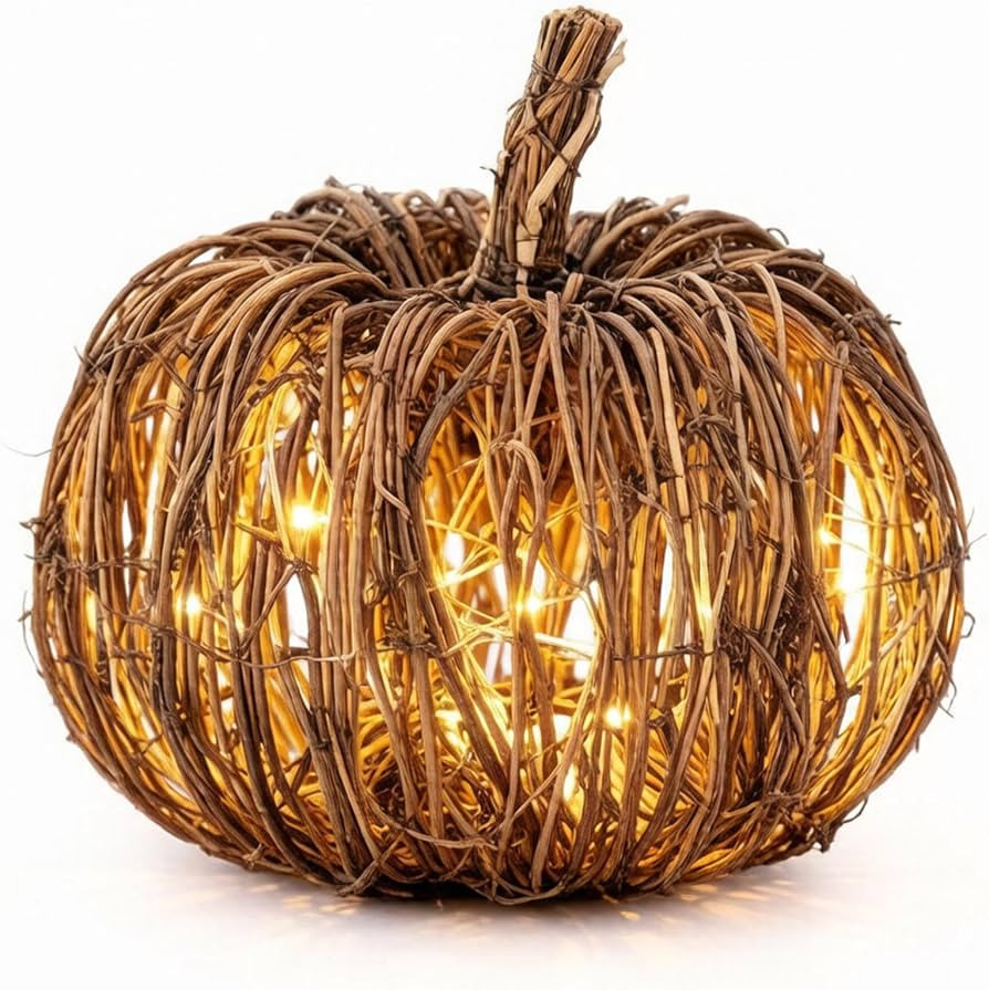 Handwoven Rattan Lantern with LED Light, Autumn Themed Artificial Rattan Pumpkin Lantern, Rustic ... | Amazon (US)