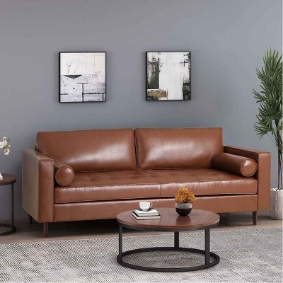 Mid-Century Modern 3-Seat Sofa, Brown Tufted Design Sofa with Bolster Pillowsfor Living Room, PU Leather Couch with Wood Legs-Coolbibila | Target