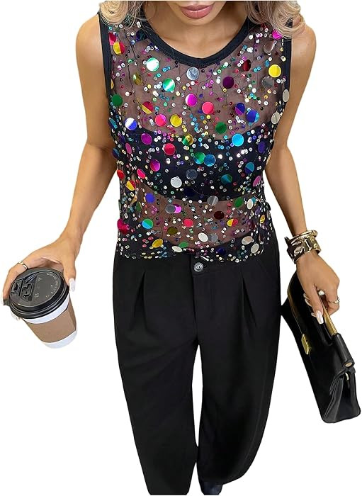 SHENHE Women's Sequin Sheer Mesh Sparkly Sleeveless Tank Top Shirt | Amazon (US)