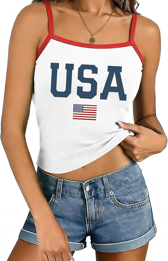 PECHAR Women's 4th of July Tank Tops USA Patriotic Straps Crop Tank Top Adjustable Spaghetti Stra... | Amazon (US)