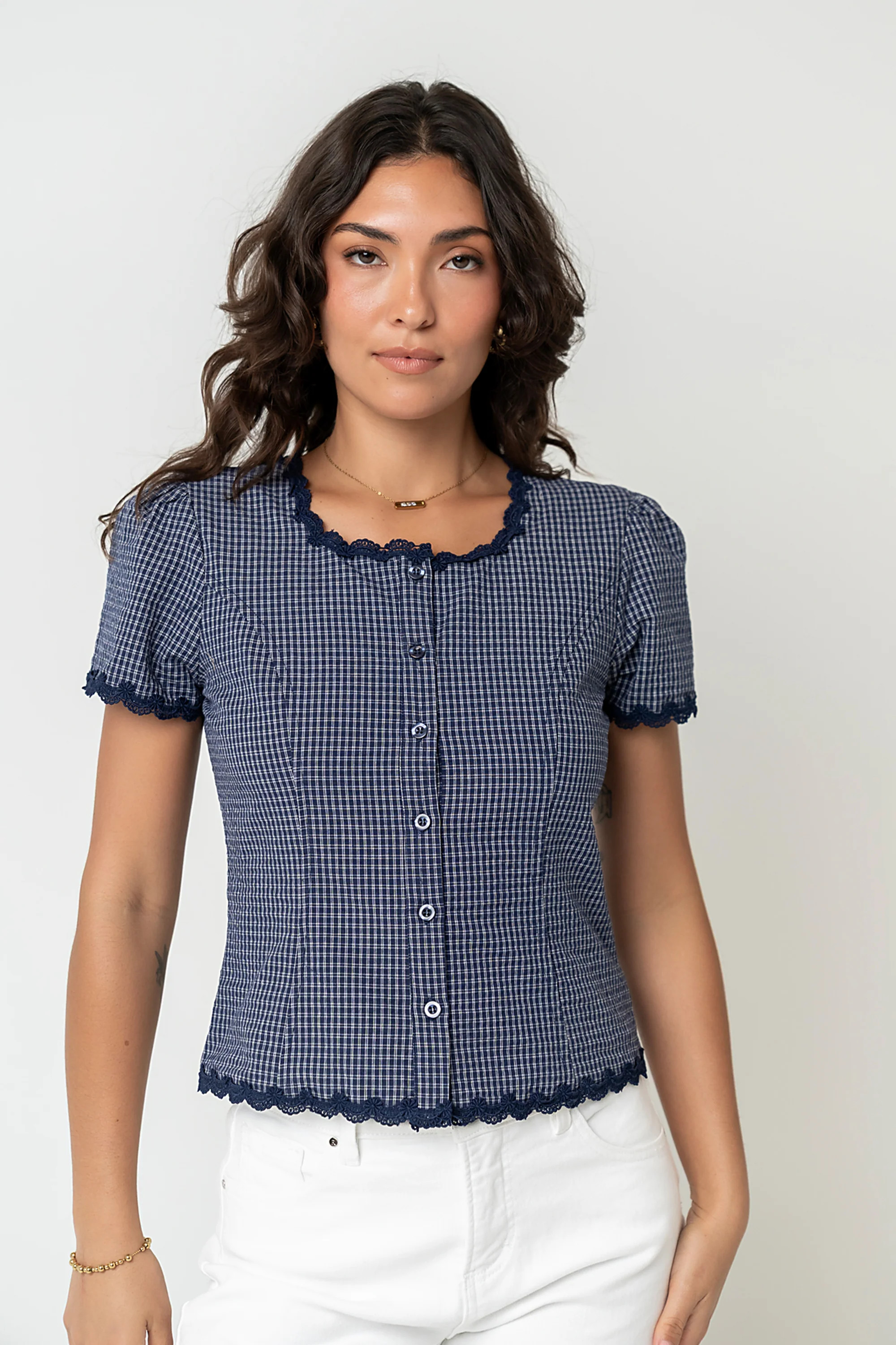Serra Lace Trim Blouse in Navy | Böhme US