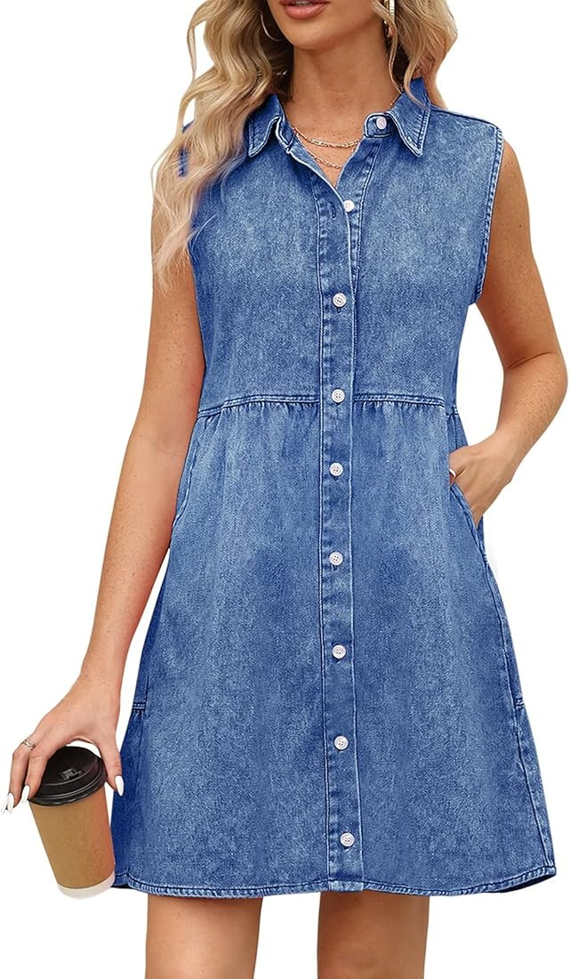 Denim Dress for Women with Pockets Short Sleeve Babydoll Denim Shirt Dresses for Women 2023 | Amazon (US)