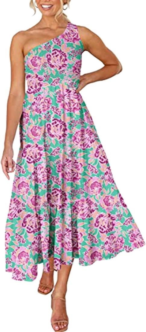 Qopobobo Womens Dresses Summer Women's Floral Summer Dress 2023 One Shoulder Sleeveless Ruffle He... | Amazon (US)