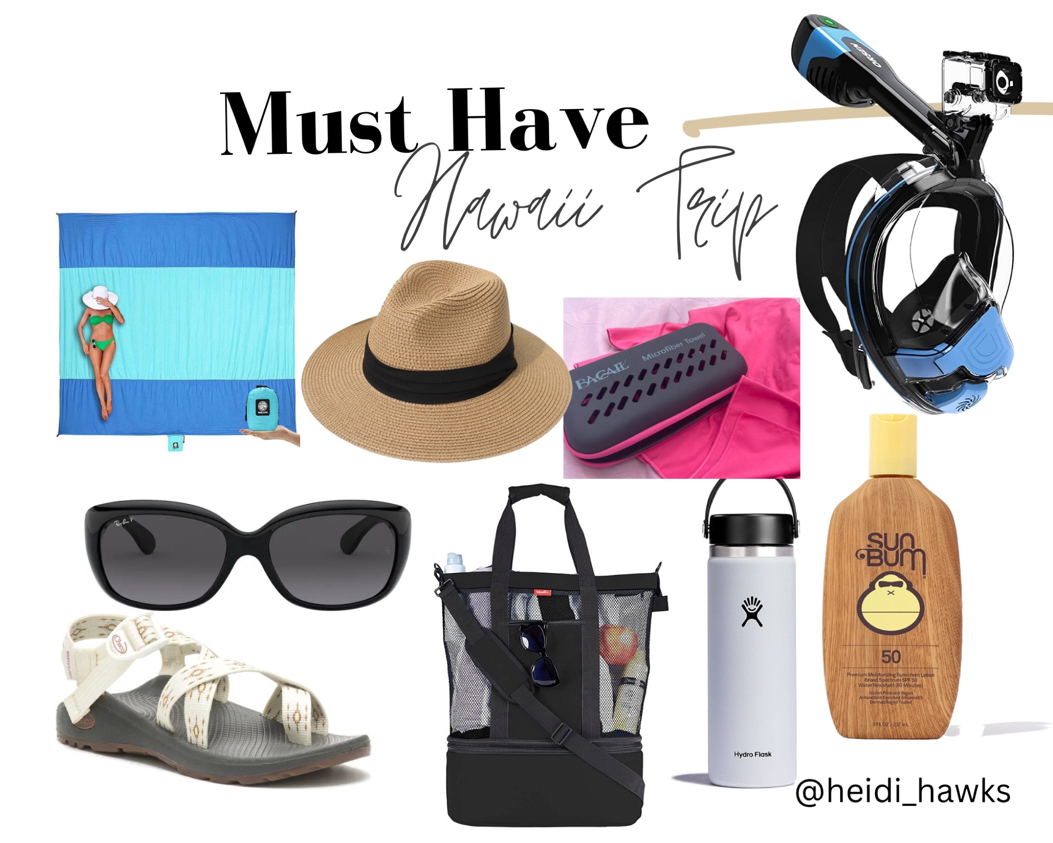 Never take a trip to Hawaii without these travel essentials! Water shoes like chacos, snorkel masks, reef safe SunBum sunscreen, Jackie O polarized sunglasses by RayBan, microfiber quick dry towels, a beach bag with cooler for hiking & beach days, Hydro Flask to stay hydrated, sand & water proof mat, & a hat for sun protection. Don’t forget the GoPro to capture all the memories! Your phone won’t work on these water adventures! 

#LTKFind #LTKfamily #LTKtravel