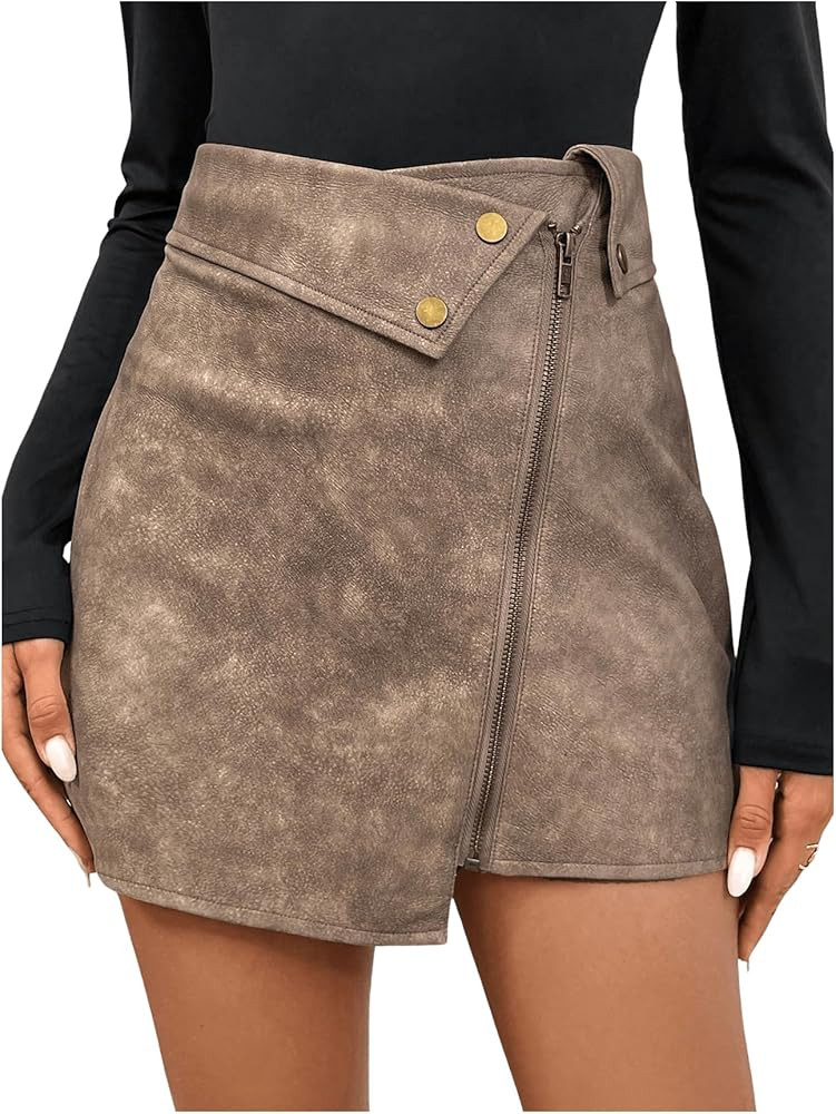 Floerns Women's Vintage Leather Skirts Zip Up High Waist Asymmetrical Hem Mini Skirts | Amazon (US)
