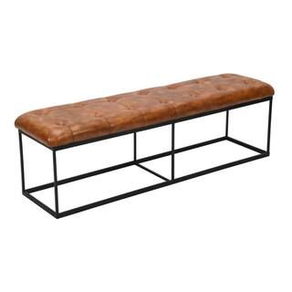 THE URBAN PORT Caramel Brown and Black Artisanal Tufted Accent Bench with Genuine Leather Upholstery | The Home Depot