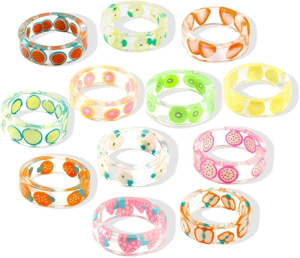 Yfstyle 12 Pcs Resin Acrylic Rings for Women Girls Y2K Plastic Ring Thick Dome Vintage Stacking R... | Amazon (US)