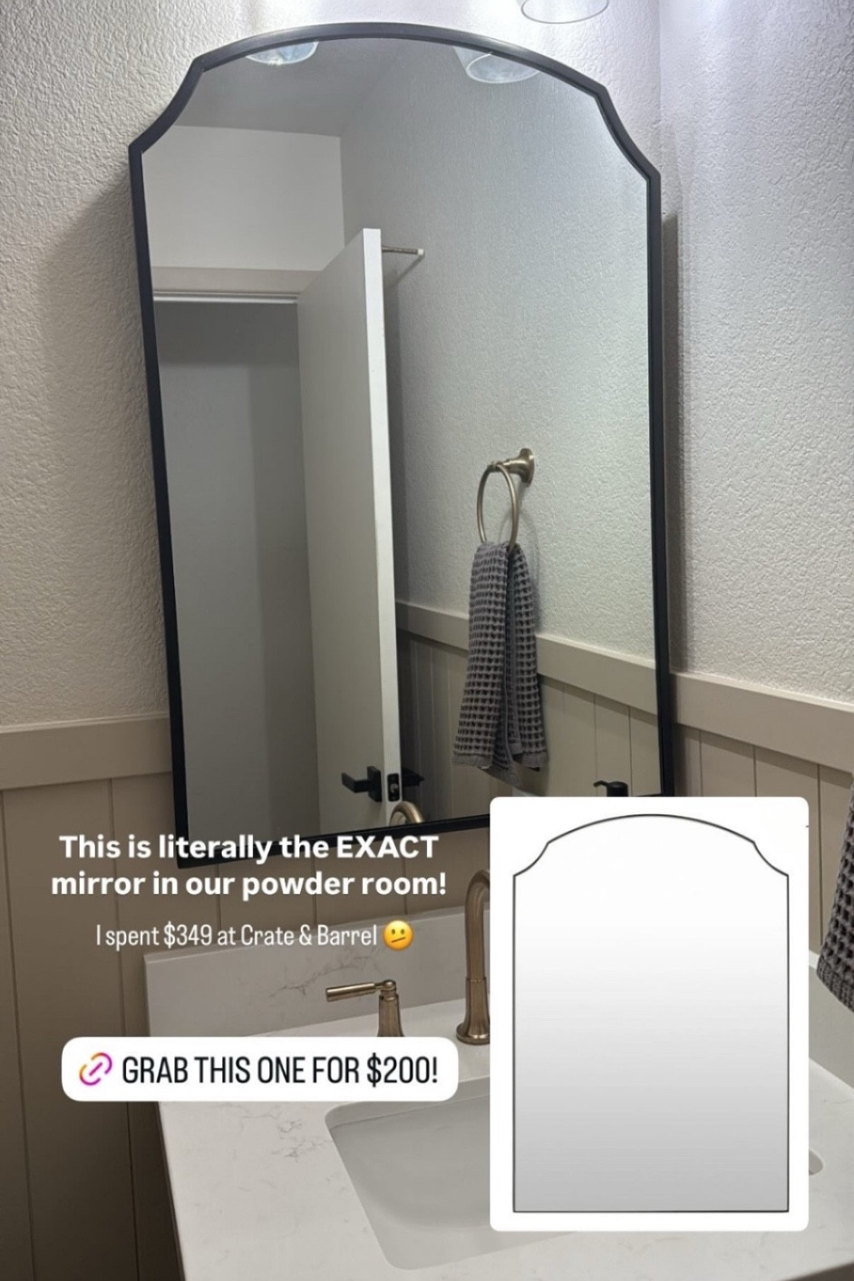 I just found the BEST lookalike for our Crate and Barrel Emmy vanity mirror! This is IDENTICAL to the CB version we have in our powder room for a fraction of the price. 

CB Emmy measurements: 36”x24”
Lookalike: 35”x24” 

This mirror is currently on sale for $200!! This is such a steal! 
•••
Vanity mirror, bathroom mirror, unique mirror, black mirror, black framed mirror, metal framed mirror, rounded corner mirror, Emmy mirror, look for less, crate and barrel dupe, crate and barrel inspired. 




#LTKSaleAlert #LTKgrwm #LTKHome