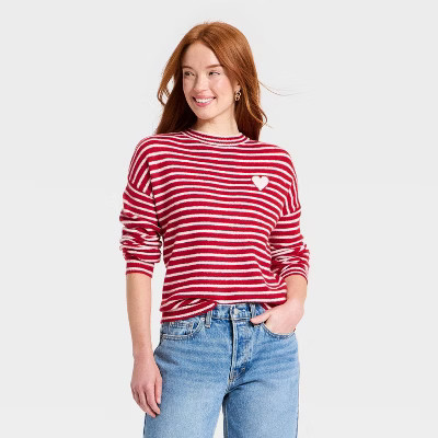 Women's Valentine's Pullover Heart Sweater - A New Day™ Red Striped L | Target